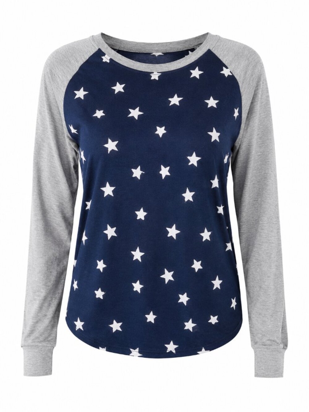 NWT Poof Blue Star Print Long Sleeve Raglan Tee Shirt Gray Sleeves Women's small